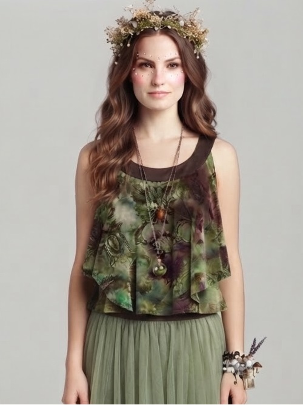Dressbarn Boho Earthy Grunge Fairy Floral Flowy Paisley Layered Ruffle Tank